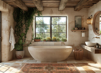Mediterranean villa bathroom with traditional style scene.