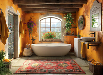 Mexican villa bathroom with traditional style scene.
