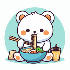 Cute little white bear eating ramen noodles. Cartoon character mascot for children book, sticker, doodle. White bear mascot template eating noodles. 
