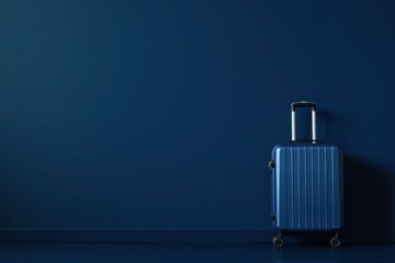 a blue suitcase is sitting in front of a blue wall - 737688178