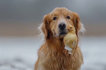 The golden retriever acted extremely shocked when his owner saw him. while he was holding a chick in his mouth