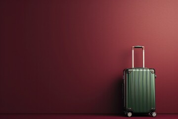 a green suitcase is sitting in front of a red wall - 737688370