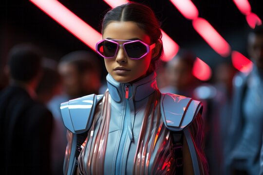 a woman wearing sunglasses and a futuristic outfit is standing in a crowd