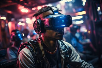 a man wearing a virtual reality headset and headphones is playing a video game