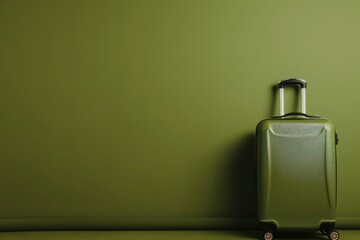 A modern green suitcase standing to the right against a deep olive green background, offering a sleek backdrop for text placement on the left sid