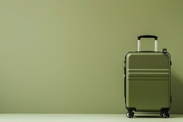 a green suitcase is sitting in front of a green wall