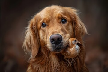Obraz premium The golden retriever acted extremely shocked when his owner saw him. while he was holding a chick in his mouth