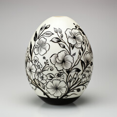 Monochrome Floral Patterned Easter Egg on White Background


