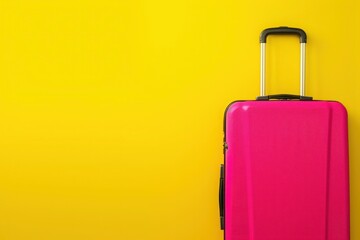 a pink suitcase is sitting on a yellow background