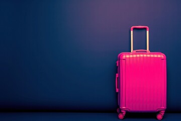 a pink suitcase is sitting in front of a blue wall - 737689133