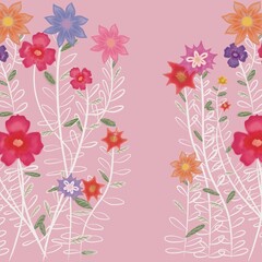 flower garden pattern seamless.Abstract floral variety kaleidoscope on pink background, concept for Modern wallpaper,ornament print,colorful flowers opening, botanical ornament.	
