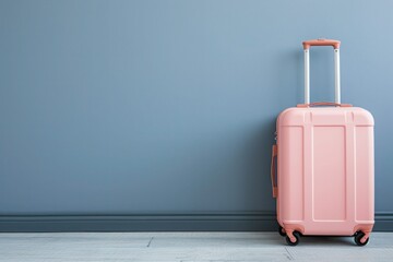 a pink suitcase is leaning against a blue wall - 737689173