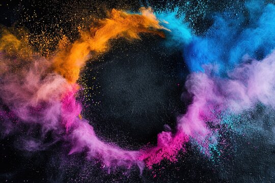 Colorful empty frame for text, Vivid Holi Festival Sale Banner, Explosion of Powder for Holiday Promotions or Birthday Events on black background.