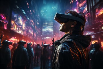 a man wearing a virtual reality headset is standing in a crowd of people - obrazy, fototapety, plakaty
