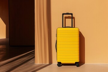 a yellow suitcase is sitting on the floor in front of a wall - 737689757