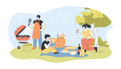 Obraz na płótnie Canvas Happy family having picnic in park vector illustration. Father making barbecue, mother serving dishes on blanket, son playing on tablet. Green trees and bushes. Picnic, outdoor activities, family