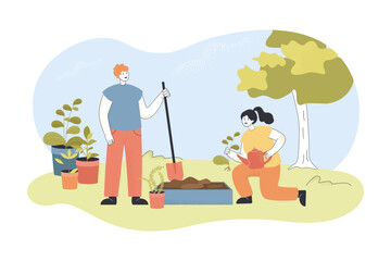 Young couple planting vegetables and herbs in garden. Flat vector illustration. Man with shovel, woman with seedlings in garden. Gardening, agriculture, hobby concept