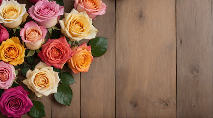 Background of roses on a wooden table seen from above. Rose flower background