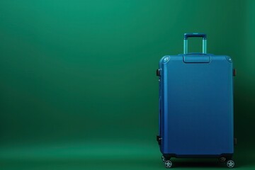 a blue suitcase is sitting on a green background - 737690375
