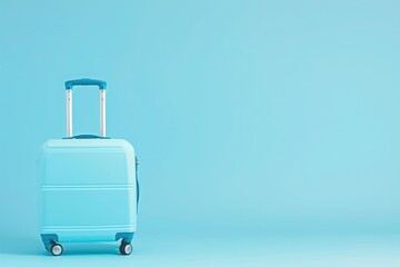 a blue suitcase is sitting on a blue background - 737690526
