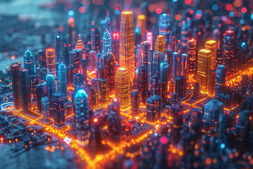 Glowing Miniature Digital City at Night Banner