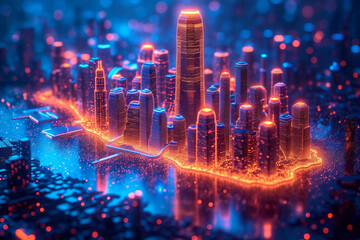 Fototapeta premium Glowing Miniature Digital City at Night Banner