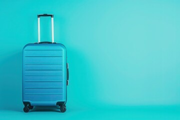 a blue suitcase is sitting on a blue background - 737690568