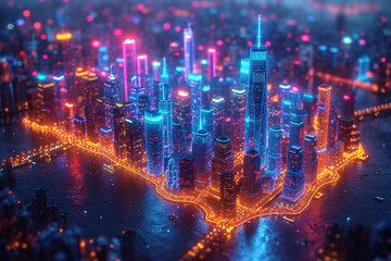 Glowing Miniature Digital City at Night Banner