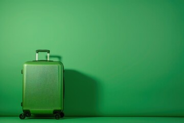 a green suitcase is sitting in front of a green wall