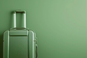 A rectangle suitcase with a handle rests against a green wall