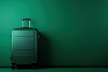 a green suitcase is sitting in front of a green wall - 737690757