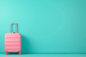 a pink suitcase is sitting in front of a blue wall