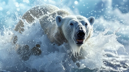 Polar bear splashing in Arctic water, vibrant wildlife scene, nature conservation image, perfect for environmental blogs and wildlife posters. - obrazy, fototapety, plakaty
