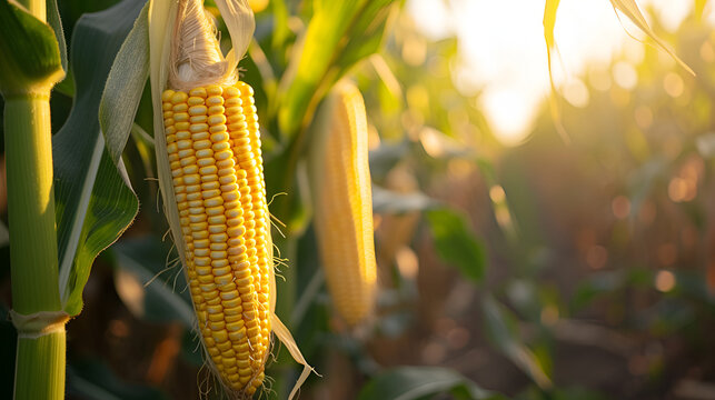 Corn cobs in corn plantation field, generative ai