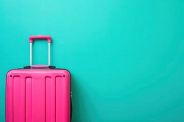 a pink suitcase is sitting on a blue background