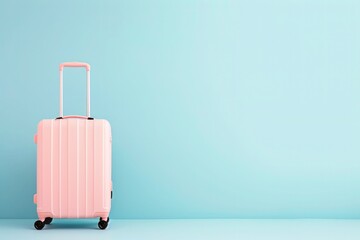 a pink suitcase is sitting in front of a blue wall - obrazy, fototapety, plakaty
