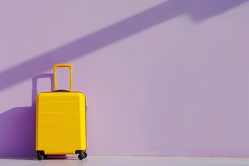 a yellow suitcase is leaning against a purple wall - 737691342