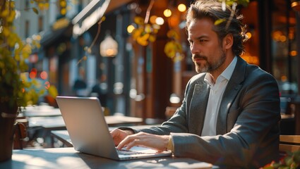 A businessman is sitting and using a laptop outside a coffee shop