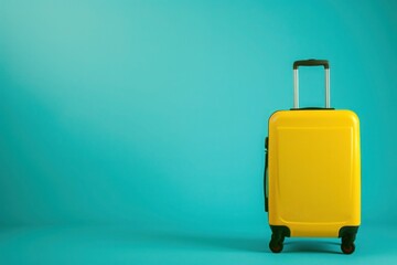 A plastic yellow suitcase rests on a solid electric blue surface - 737691570