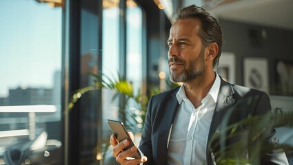 Professional businessman standing by the window using a smartphone in the office