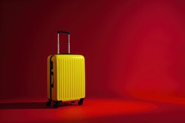 a yellow suitcase is sitting on a red surface - 737691758