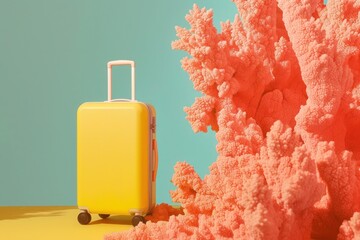 a yellow suitcase is sitting on a table next to a pink tree - 737691961