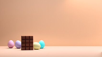 3D chocolate bar and easter eggs isolated on pastel background. Minimalist happy easter day banner. Differentiation concept