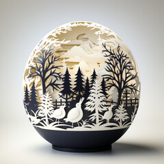 Intricately Cut Paper Art Sphere with Winter Forest and Animals Theme


