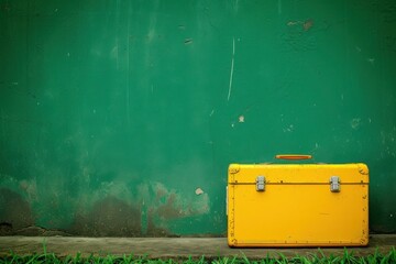 A yellow suitcase is resting on the asphalt in front of a green wall - 737692337