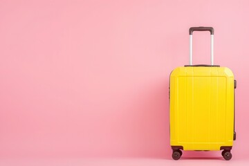 a yellow suitcase is sitting on a pink surface - 737692354