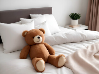 Teddy bear plushie sitting on a bed in a minimalist modern bedroom
