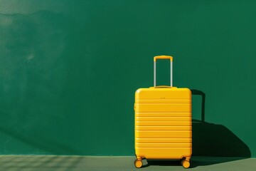 a yellow suitcase is sitting in front of a green wall - 737692519