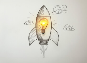 light bulb inside a rocket ship drawing concept