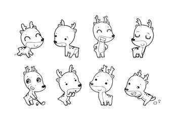 set of cute cartoon deer Hand drawn doodle comic illustration vector isolated on white background